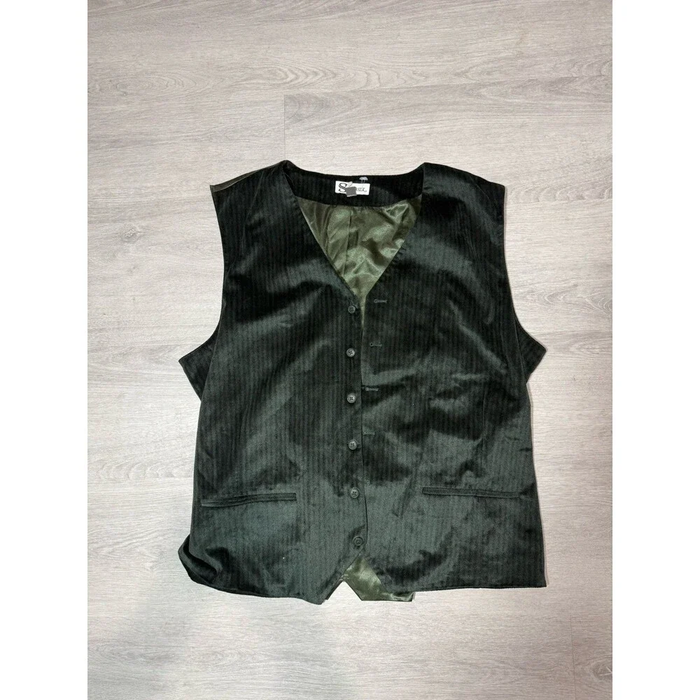 Silver Silk Men’s Dark Green Herringbone 3-Piece Suit Jacket, Vest, 44x30 Pants